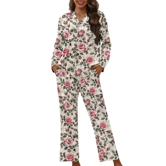 SCRAWLGOD Pink Rose Pajamas for Women Long Sleeve Button Up Pajama Top Women Fall V Neck 2 Pj Sets for Woman Elastic Women's Pjs with Pockets Size S