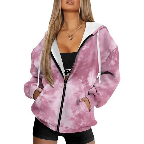 SCRAWLGOD Pink Tie-Dye Loose Fit Women's Full Zipper Hoodies Polyester Elastic Clothes Long Sleeve Washable Sweater with Pockets for Office Party Exercise Yoga, XL