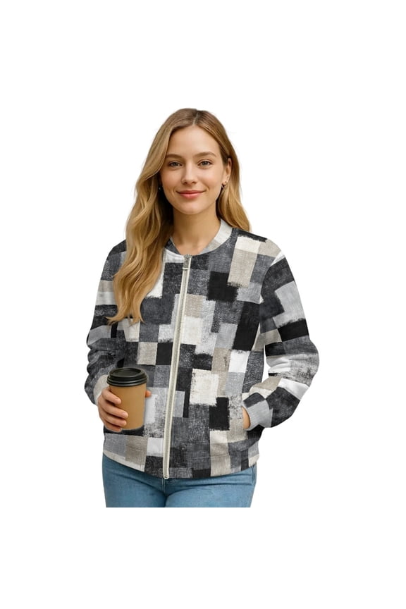 Plaid Print Black White Womens Zip Up Long Sleeve Crewneck Sweatshirt Jacket Casual Loose Coats With Pockets Stylish Comfortable Lightweight Outerwear, 4XL