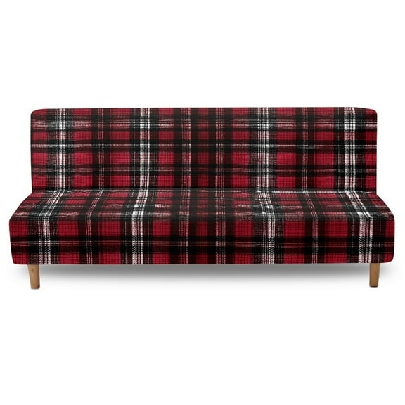 SCRAWLGOD Plaid Print Red Stretchable Futon Covers Armless Sofa Bed Covers Scratch Resistant Futon Mattress Cover Couch Furniture Protector for Pets Dogs