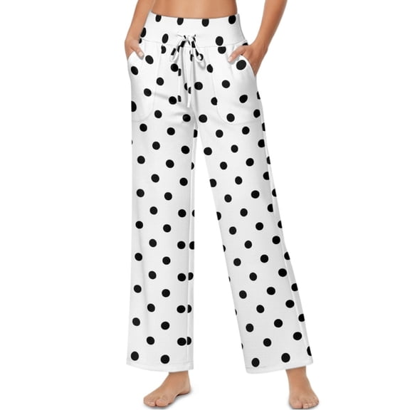 SCRAWLGOD Polka Dot Black White Palazzo Lounge Pants for Women High Wisted Drawstring Trousers Wide Leg Comfortable Stretchy Flowy Casual Pants with Pockets, XL