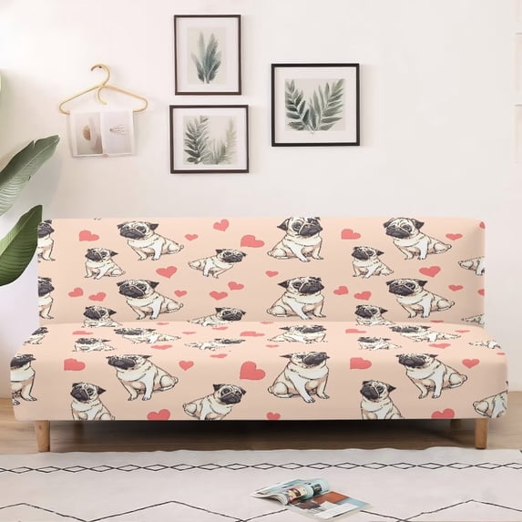 SCRAWLGOD Pug Dog Love Print Armless Sofa Slipcover Stretch Anti Scratch Couch Covers for 3 Cushion Couch Soft Comfortable Sofa Covers Slipcover