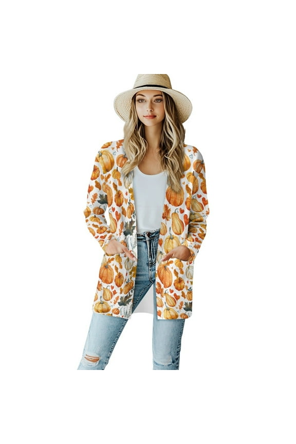 Pumpkins Cardigan Jacket for Women Lightweight Graphic Sweatshirts Size 2XL Long Sleeve Ladies Cardigan Stretchy Womens Sweater Jacket for Thanksgiving Fall