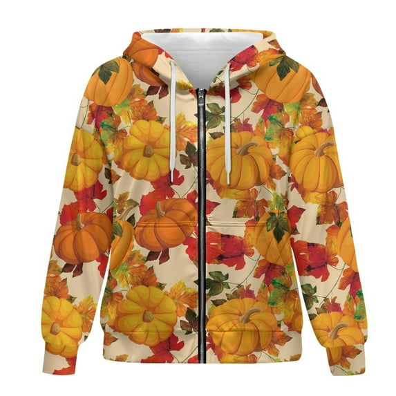 SCRAWLGOD Pumpkins Maple Leaf Woman Lightweight Hoodies Zip Up Womens Hoodie Sweatshirt Long Sleeve Women's Zip Up Hoodie Oversized for Thanksgiving Fall Size XS