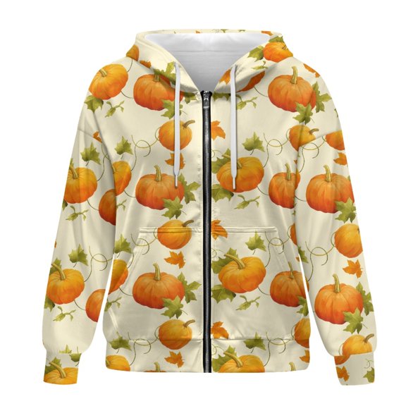 SCRAWLGOD Pumpkins Zip Up Hoodie for Women Plus Size XS Hoodies for Women Oversized Long Sleeve Women's Hooded Sweatshirt Comfy Woman Hoodies with Zipper for Thanksgiving Fall