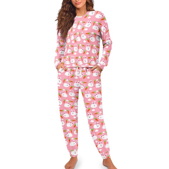 SCRAWLGOD Rabbit Carrot Pajamas Women Long Sleeve Pj Sets for Women Fall Clothing Size L Crewneck 2 Piece Lounge Women Comfortable Pajama with Pockets