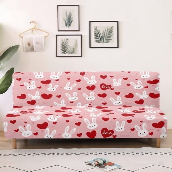 SCRAWLGOD Rabbit Love Heart Print Sofa Slipcover Without Armrest for Valentine's Day Stretch Soft Couch Slipcover Washable Non Slip Sofa Cover