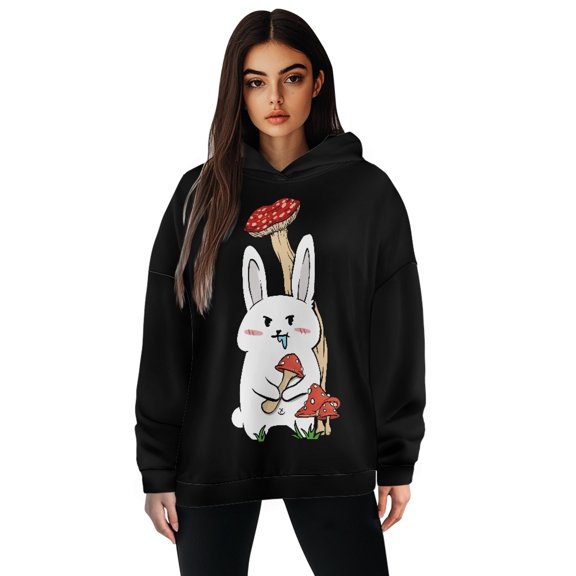SCRAWLGOD Rabbit Mushroom Woman Pullover Hoodie for Women Oversized Sweatshirt Graphic Design Hoodies Long Sleeve Tops for Women Casual Womens Graphic Hoodies Size M for Running