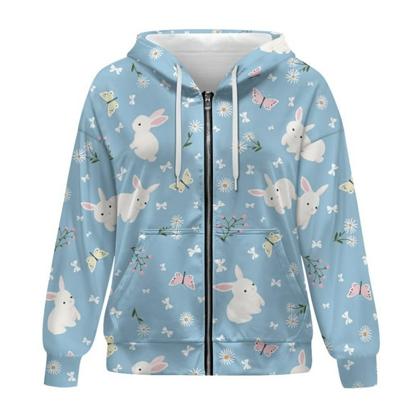 SCRAWLGOD Rabbit Womens Zipper Hoodie Sweatshirt for Women Graphic Long Sleeve Activewear Women Jacket Washable Ladies Zip Up Hoodies Light Weight for School Size S