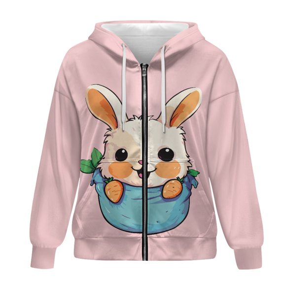 SCRAWLGOD Rabbit Zip Up Hoodies for Women Plus Size XS Hoodie Jackets for Women Long Sleeve Womens Activewear Zip Up Warm Women Oversized Sweatshirts for Holidays