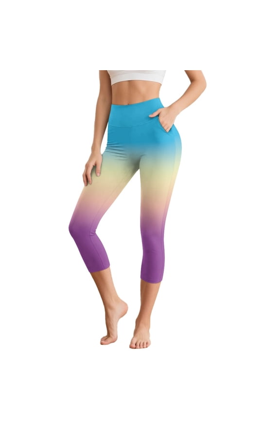 Rainbow Gradient Women's Breathable Capri Leggings with Pockets High Waisted 3/4 Yoga Pants Leggings Stretch Cropped Tights for Summer Workout Athletic, XL