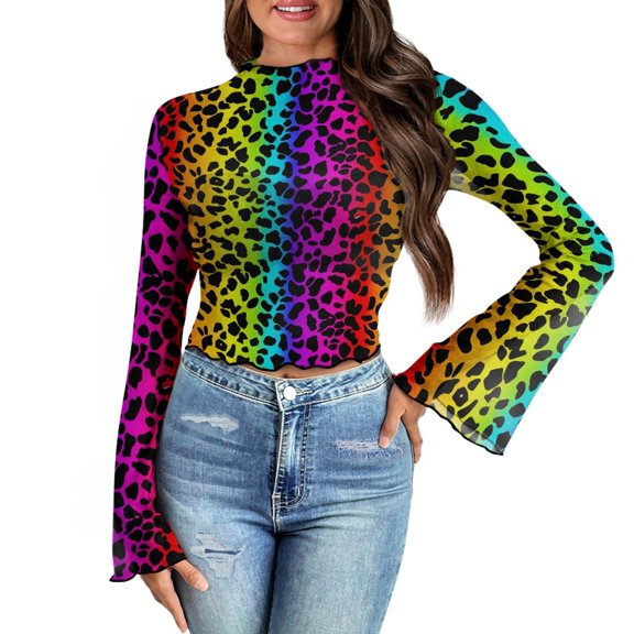 SCRAWLGOD Rainbow Leopard Print Bell Sleeve Tops for Women Size L Slim Shirts for Daily Wear 70's Flowy Long Sleeve Tops Mock Neck Blouse for Women Ladies