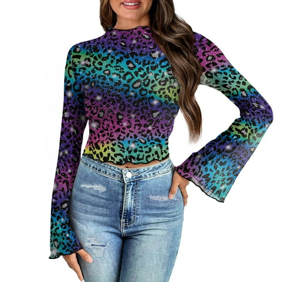 SCRAWLGOD Rainbow Leopard Print Bell Sleeve Tops for Women Size XL Long Sleeve Flared Shirts for Women Summer Blouse Lettuce Trim Mock Neck Sheer Tops