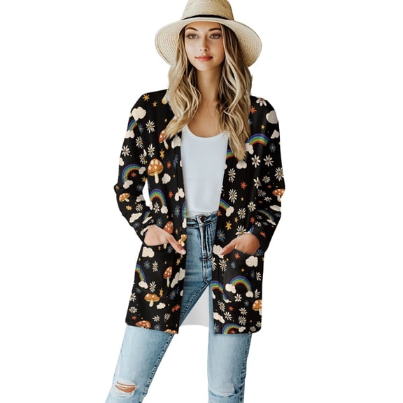 SCRAWLGOD Rainbow Mushroom Women Cardigan Sweaters for Fall Cardigan Sweaters for Women Casual Size 2XL Long Sleeve Womens Long Comfy Cardigan Stretchable Sweater Coat