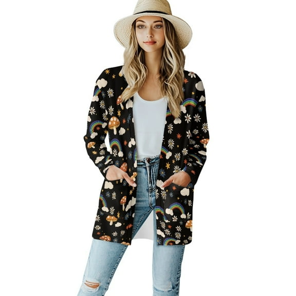 SCRAWLGOD Rainbow Mushroom Women Cardigan Sweaters for Fall Cardigan Sweaters for Women Casual Size L Long Sleeve Womens Long Comfy Cardigan Stretchable Sweater Coat