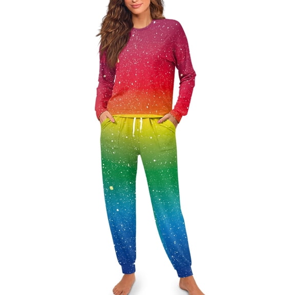 SCRAWLGOD Rainbow Women's Pajama Set Long Sleeve Sleepwear Ladies Soft Pjs Lounge Set Size L Crewneck Pajamas Set of 2 Lightweight Pj for Women