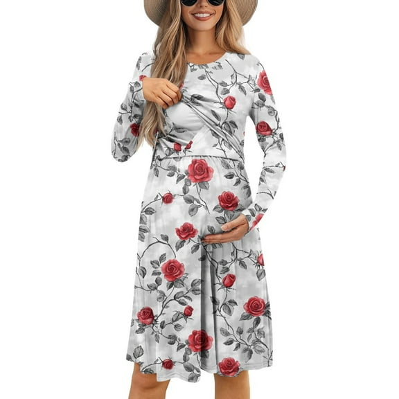 SCRAWLGOD Red Flower Long Sleeve Maternity Nursing Dress for Breastfeeding Dresses Fall Crew Neck Pregnancy Dresses for Women Baby Shower Size M Loose Pleat Dresses for Women