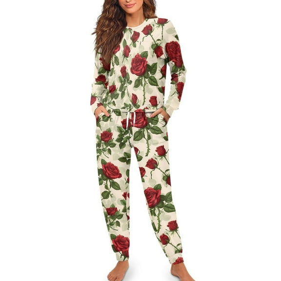 SCRAWLGOD Red Rose Long Sleeve Pjs for Women Pajama Sets 2 Piece Lounge Set Women Fall Crewneck Women Nightwear Elastic Womens Pajamas Trendy Size L