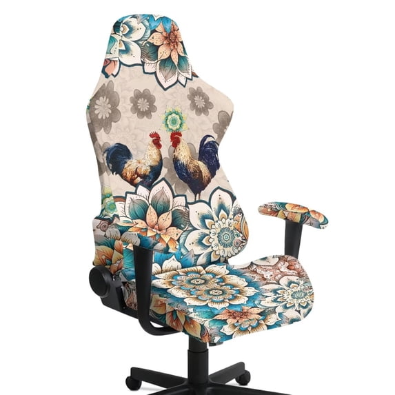 SCRAWLGOD Rooster Bohemian Flower Print Beige Print Gaming Chair Cover with Armrest Cover, Universal Slipcover for Roating Chairs Cozy Gaming Reclining Chair Protectors Set of 4, Patriotic Decor