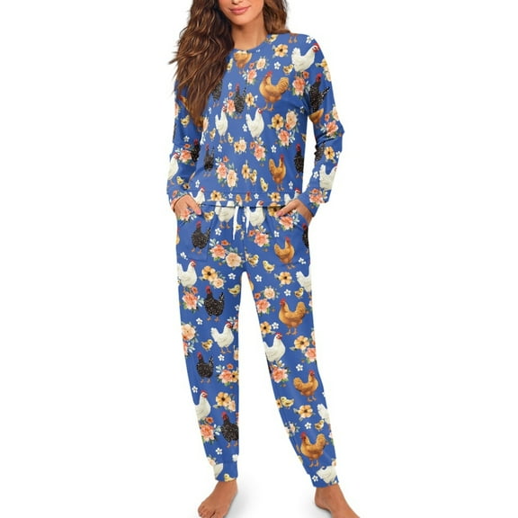 SCRAWLGOD Rooster Chicken Floral Blue Women's Long Sleeve Soft Pajama Set with Drawstring 2 Pieces Crew Neck Breast-Pocket Pjs Pants Sleepwear Lounge Set with Elastic Band, XXL
