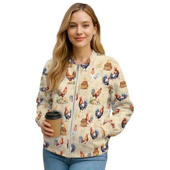 SCRAWLGOD Rooster Chicken Print Beige Womens Zip up Sweatshirt, Crew Neck Long Sleeve Loose Casual Lightweight Jacket with Pockets, Comfy Hoodless Coat Outerwear, L