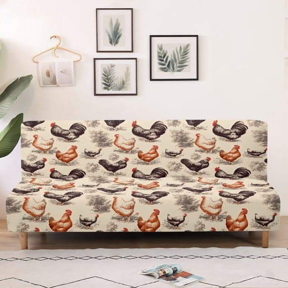 SCRAWLGOD Rooster Hen Print Armless Sofa Cover Anti Scratch Stretch Sofa Cover Washable 1 Piece Couch Slipcover for Living Room Decorative