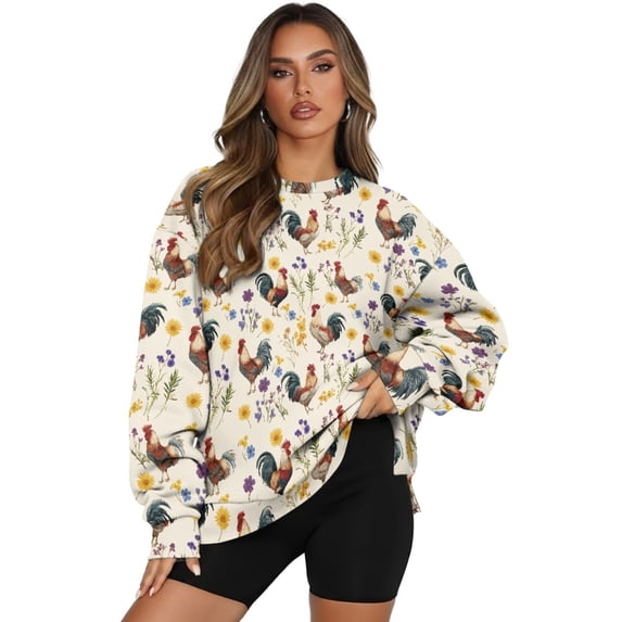 SCRAWLGOD Rooster Sunflower Floral Print Beige Crewneck Fall Sweatshirts for Women Trendy Women's Long Sleeve Pullover Tops with Pockets Fashion for Daily Wear, Spots, Office, 3XL