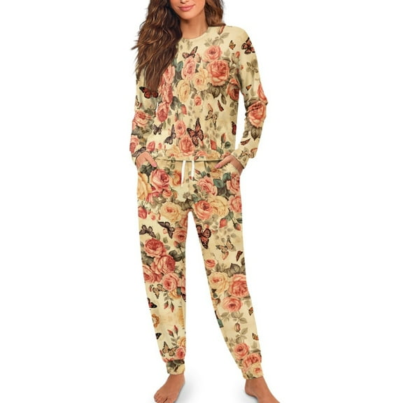 SCRAWLGOD Rose Butterfly Pajamas Women Long Sleeve Pjs for Women Set Fall Clothing Size XL Drawstring Two Piece Loungewear Breathable Ladies Jogger Pjs Set