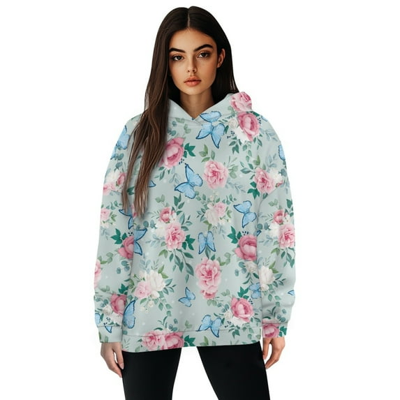 SCRAWLGOD Rose Butterfly Womens Hoodies Pullover Oversized Hoodie Women Plus Size 2XL Long Sleeve Sweatshirt Womens Hoodie Washable Ladies Hooded Sweaters for Clubs