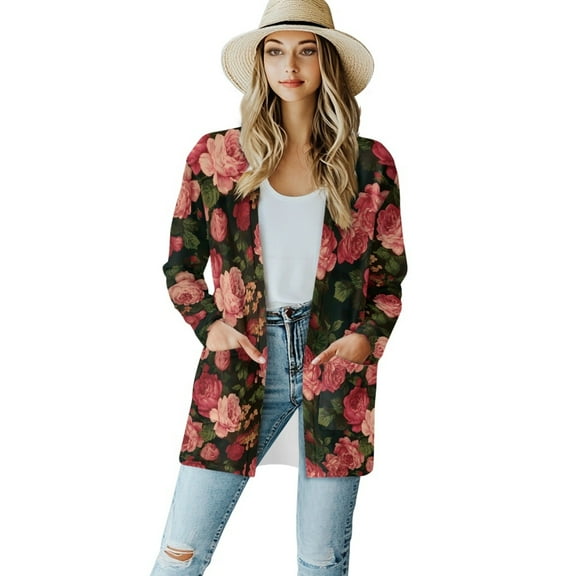 SCRAWLGOD Rose Cardigans for Women Trendy Lightweight Sweaters for Women Open Front Long Sleeve Ladies Cardigan Jacket for Party Breathable Sweater Coat with Pockets Size S