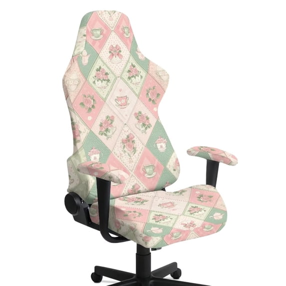 SCRAWLGOD Rose Cup Diamond Plaid Print Green Pink Set of 4 Gaming Chair Covers with Armrest Covers Elastic Universal Fit Gaming Chair Slip Cover Set Dustproof Rotating Armchair Slipcovers