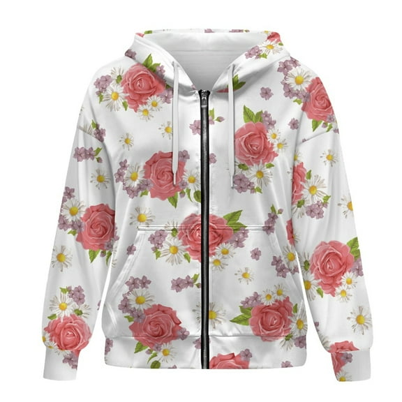 SCRAWLGOD Rose Daisy Oversized Zipper Hoodies for Women Oversized Sweatshirt with Hood Long Sleeve Women Fall Outfits Leisure Plus Size L Graphic Hoodies for Women Picnic