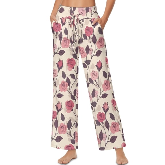 SCRAWLGOD Rose Floral Print Beige Women's Casual Wide Leg Pants High Waisted Drawstring Trousers Trendy Comfy Elastic Lounge Palazzo Trousers Pants with Side Pockets, XL