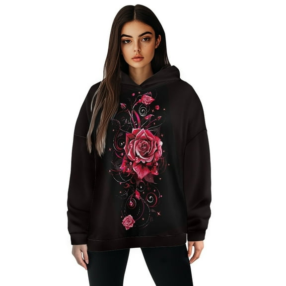 SCRAWLGOD Rose Hooded Sweatshirt Women Plus Pullover Sweaters for Women Crewneck Long Sleeve Tops for Women Comfortable Woman Hoodies Trendy for Vacation Size XL