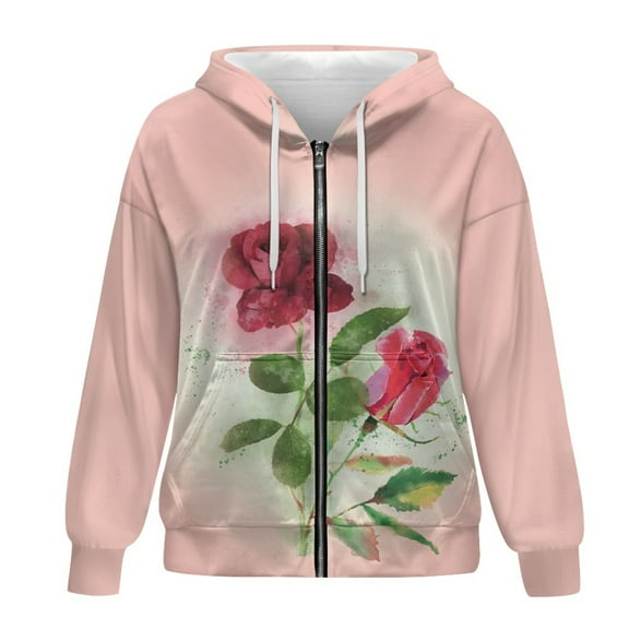 SCRAWLGOD Rose Hoodies for Women Zip Up Hoodie Graphic Zipper Hoodies for Women Size XL Drawstring Women Hooded Zippered Sweatshirt Comfortable Women Oversized Clothes