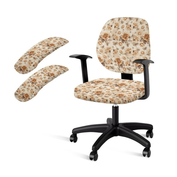 SCRAWLGOD Rose Leaf Beige 4 Pcs Set Anti-Slip Computer Chair Slipcover with Arm Rest Protector Crease Resistant Rotating Chair Covers Breathable Desk Chair Cover