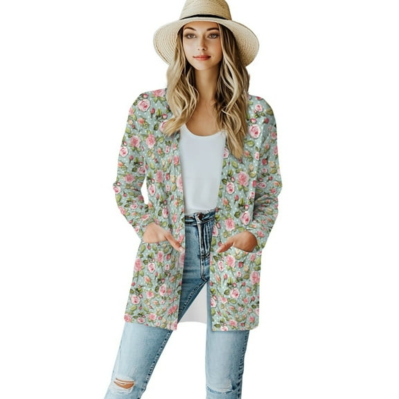 SCRAWLGOD Rose Long Cardigan for Women Lightweight Open Front Jacket Coat Outwear Long Sleeve Women Jackets Fashion Size 2XL Elastic Fall Cardigan for Women Trendy