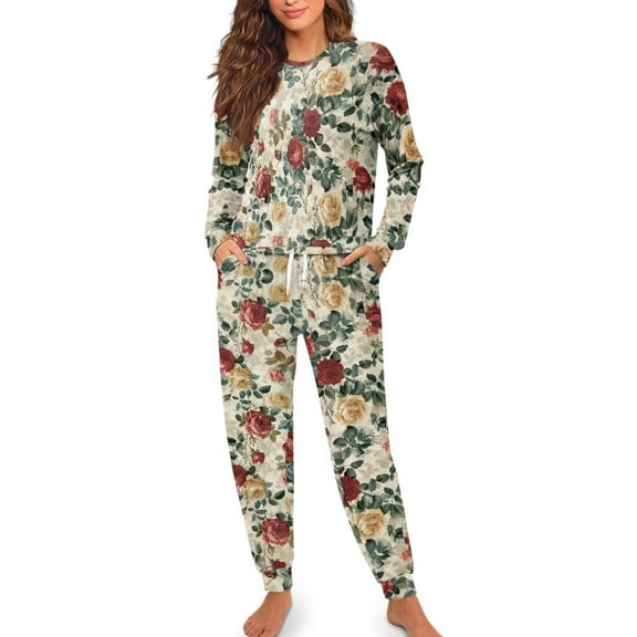 SCRAWLGOD Rose Long Sleeve Pajamas for Women 2 Piece Outfits Sets Casual Clothing Drawstring Women Jogger Pj with Pockets Size L Comfy House Wear for Women