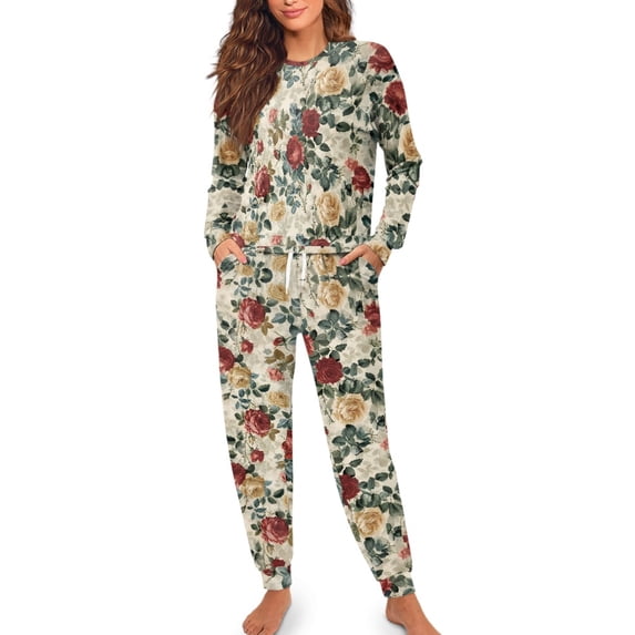 SCRAWLGOD Rose Long Sleeve Pajamas for Women 2 Piece Outfits Sets Casual Clothing Drawstring Women Jogger Pj with Pockets Size XL Comfy House Wear for Women