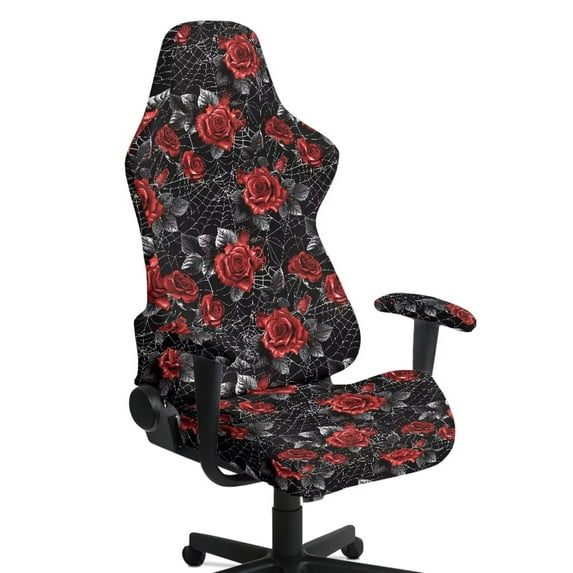 SCRAWLGOD Rose Spider Web Print Red Black 4 PCS Gaming Chair Covers for Cats Breathable Rotating Gaming Chair Protector Computer Chair Seat Slipcovers with Armrest Covers