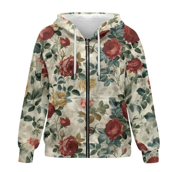 SCRAWLGOD Rose Zipup Hoodie Women Plus Size XS Graphic Sweatshirts for Women Party Long Sleeve Women Clothing Fall Relaxed Women Oversized Hoodies for Party