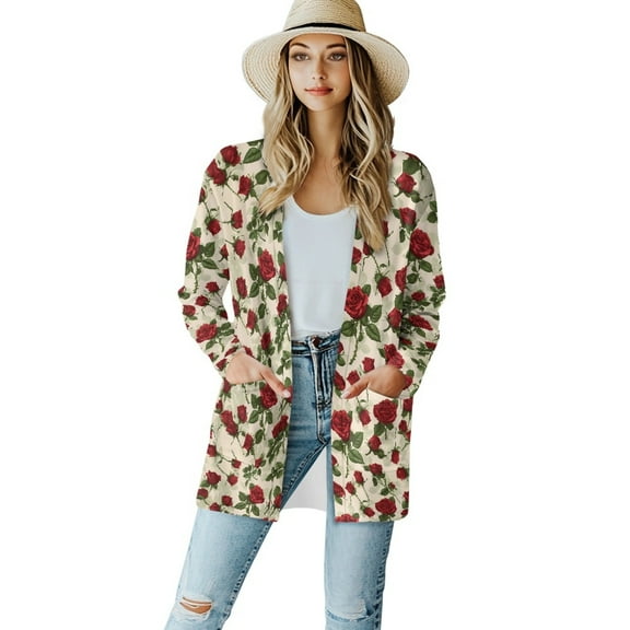 SCRAWLGOD Roses Cardigan Jackets for Women Lightweight Sweaters for Women Fall Long Sleeve Women's Cardigan with Pockets Size 2XL Stretchy Ladies Cardigan with Pockets