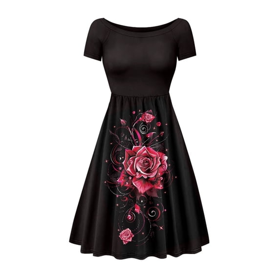 SCRAWLGOD Roses Dress for Women Midi Length with Sleeves Casual Soft High Waist Dress for Women Summer Round Neck Ladies Swing Dresses for Summer Size 4XL for Parties