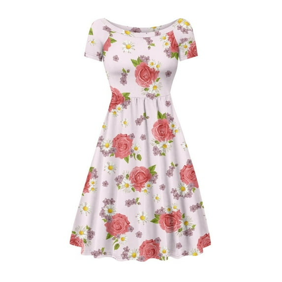 SCRAWLGOD Roses Floral Dress for Women Casual Summer Midi Length Dress with Sleeves Soft Women's Summer Short Sleeve A-Line Midi Dresses Crewneck for Shopping Size L