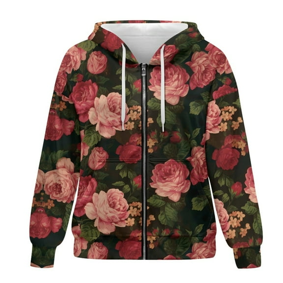 SCRAWLGOD Roses Hoodies for Women Zip Up Sweatshirt Women Oversized Graphic Sweater Long Sleeve Ladies Hooded Jacket Size M Soft Sportswear Hoodie Women Party