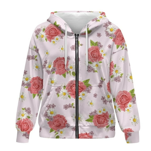 SCRAWLGOD Roses Woman Zip Up Hoodie Plus Size XL Women Oversized Zipper Hoodie Long Sleeve Hooded Sweatshirt Women Zipper Front Lightweight Ladies Zip Up Hoodies with Pockets Casual
