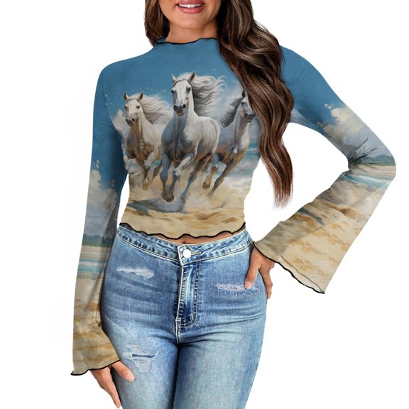 SCRAWLGOD Running Horse Bell Sleeve Tops for Women Size L Soft Lettuce Trim Shirt for Going Out Travel Lightweight Cropped Long Sleeve Slim Tops Mock Neck Blouse