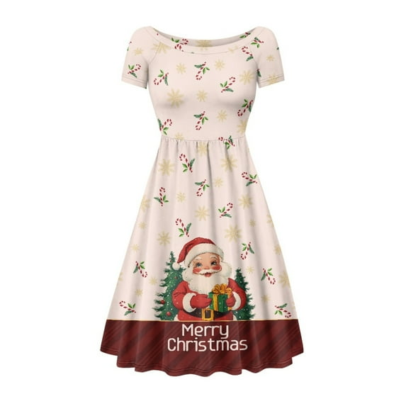 SCRAWLGOD Santa Claus Dress Women Summer Dresses with Short Sleeves Breathable Short Sleeve Midi Dress Casual Wide Neck Pleat Dresses for Christmas Size 4XL