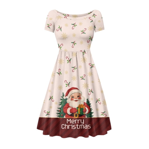 SCRAWLGOD Santa Claus Dress Women Summer Dresses with Short Sleeves Breathable Short Sleeve Midi Dress Casual Wide Neck Pleat Dresses for Christmas Size XL