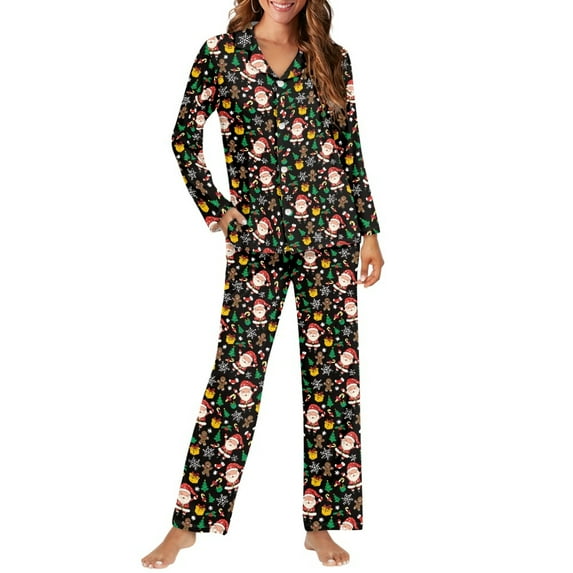 SCRAWLGOD Santa Claus Pajamas for Women Long Sleeve 2 Piece Pjs Women Fall Clothes V Neck Open Front Pajama Top Comfy Womens Lounge Sets for Christmas Size L